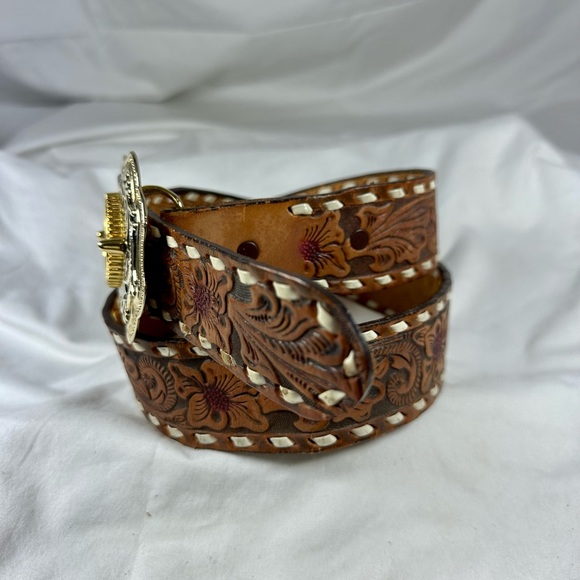Vintage Kennedy half dollar buckle tan Wrangler leather belt tooled size 36 - Picture 11 of 13
